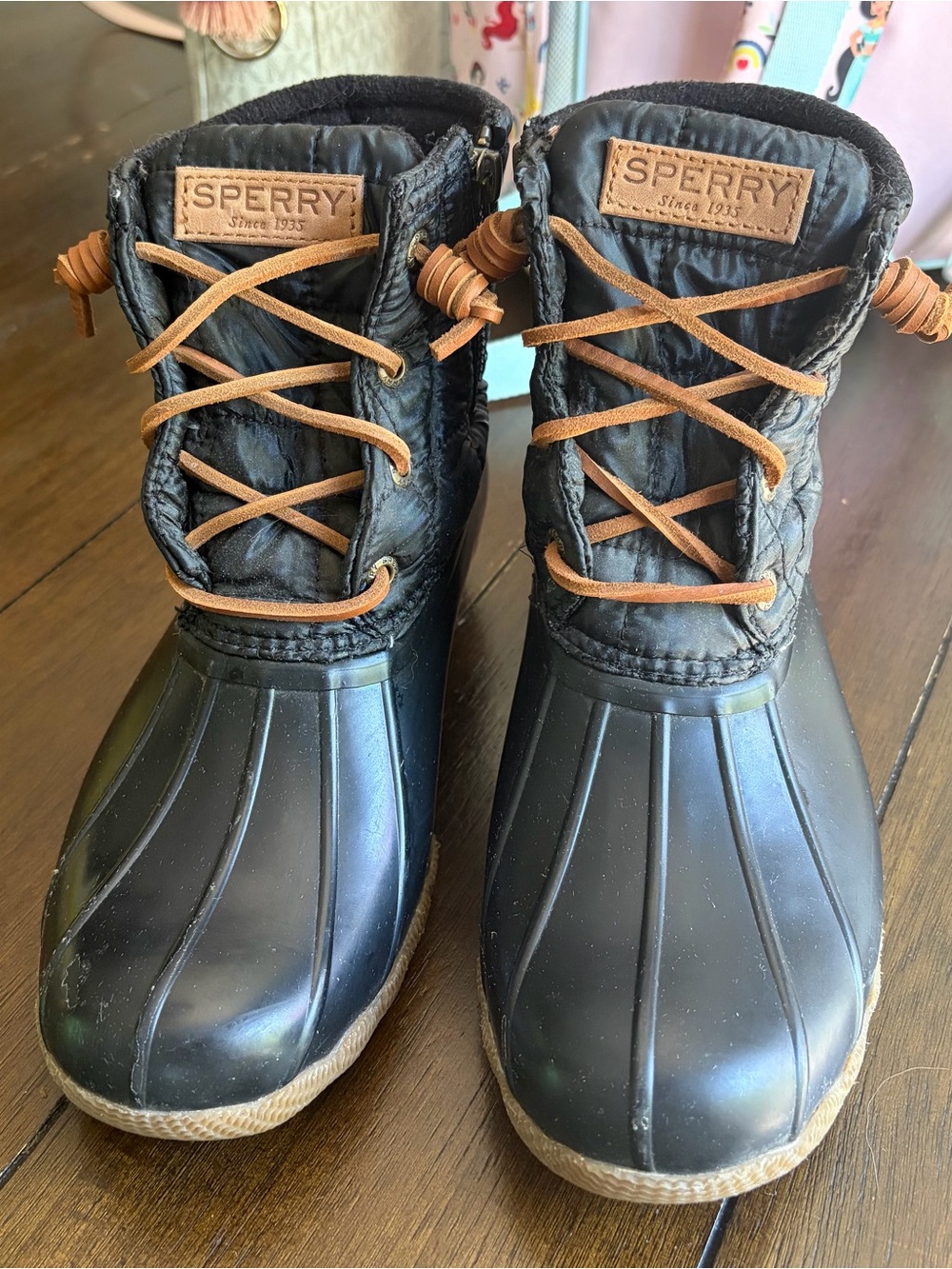 Woman’s Sperry Waterproof Duck Boots in Black and Tan